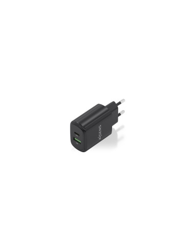 AISENS Cargador GaN 20W, 1xUSB-C PD3.0, 1xUSB-A QC3.0, Negro
