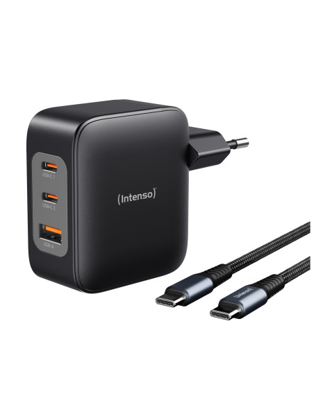 Intenso W100ACC+C520C, Set de adaptador de corriente + cable de carga, 100 W, carga rápida, GaN, carga simultánea de 3 dispositi