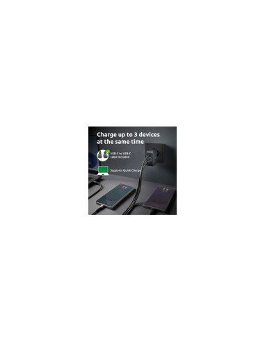 Intenso W100ACC+C520C, Set de adaptador de corriente + cable de carga, 100 W, carga rápida, GaN, carga simultánea de 3 dispositi