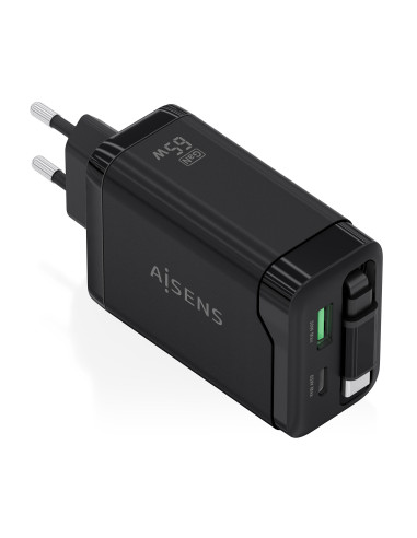 AISENS Cargador GaN 65W, 1xUSB-C Cable Retractil, 1xUSB-C PD3.0,