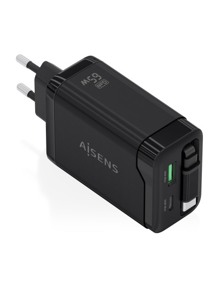 AISENS Cargador GaN 65W, 1xUSB-C Cable Retractil, 1xUSB-C PD3.0,