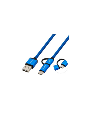 CoolBox CABLE TRENZADO DE USB-A A MICRO-USB Y USB-C AZUL