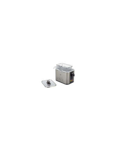 FREIDORA JATA 1000W CUBA 1.5L TAPA DE CRISTAL CON ASA TERMOSTATO REGULABLE INDICADOR LUMINOSO CUERPO INOX ANTIHUELLA FR326E