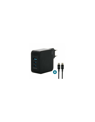 Mobilis Charger 100W 2USB C 1USBA GaN cable 100W Portátil, Smartphone, Tableta Negro Corriente alterna Interior