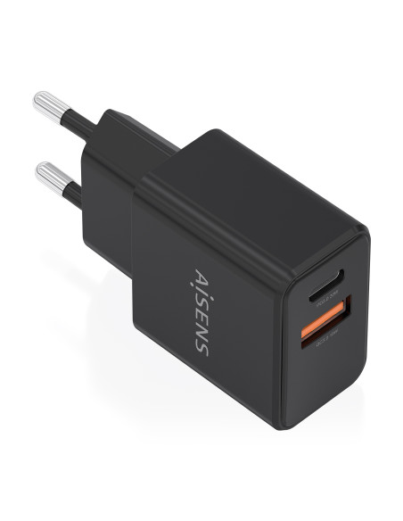 AISENS Cargador GaN 20W, 1xUSB-C PD3.0, 1xUSB-A QC3.0, Negro