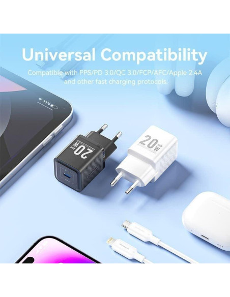 CARGADOR DE PARED VENTION GAN USB-C 20W BLACK + CABLE UCB-C - LIGHTNING 1M BLACK