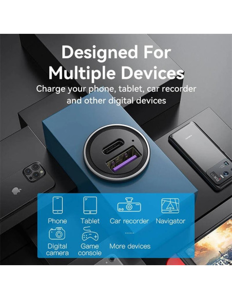 CARGADOR COCHE SMARTPHONE VENTION 30W USB-A USB-C SILVER