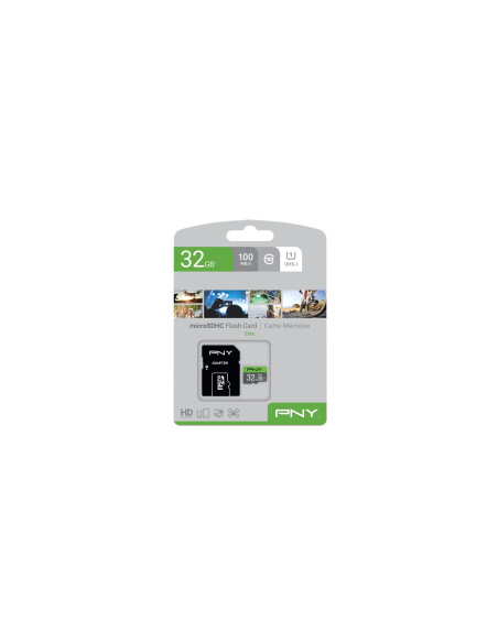 MEMORIA MICROSDHC PNY 32GB ELITE 100MB/S CON ADAPTADOR NEGRO VERDE GRIS P-SDU32GU185GW-GE