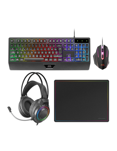 PACK MARS GAMING 4 EN 1 MCP124PRO TECLADO RGB H-MECH CON REPOSAMUÑECAS, RATÓN 3200 DPI Y SWITCHES, AURICULARES RGB Y ALFOMBRILLA