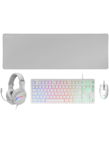 PACK MARS GAMING 4 EN 1 MCP124PRO TECLADO RGB H-MECH CON REPOSAMUÑECAS, RATÓN, AURICULARES RGB Y ALFOMBRILLA BLANCO