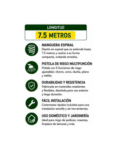 MANGUERA ESPIRAL DE JARDIN 7.5 METROS CON PISTOLA DE RIEGO SUNGARDEN