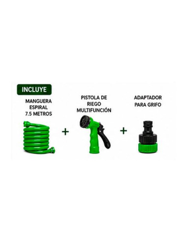 MANGUERA ESPIRAL DE JARDIN 7.5 METROS CON PISTOLA DE RIEGO SUNGARDEN