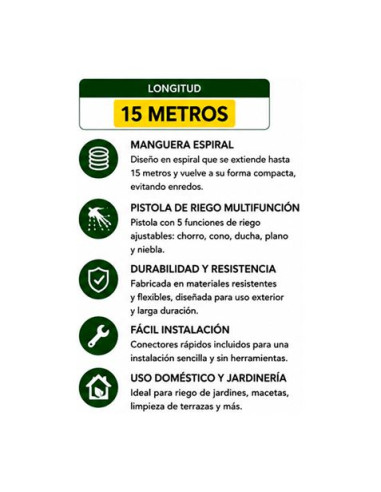 MANGUERA ESPIRAL DE JARDIN 15 METROS CON PISTOLA DE RIEGO SUNGARDEN
