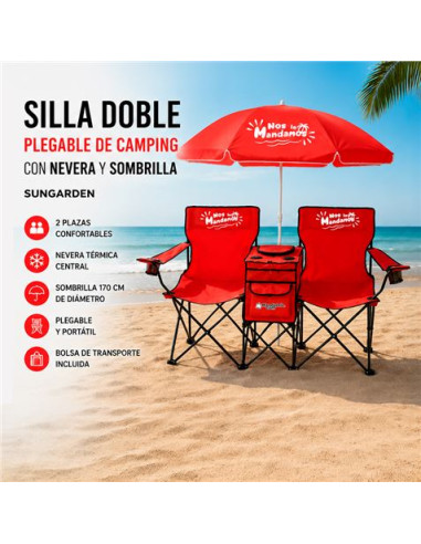 SILLA DOBLE PLEGABLE DE CAMPING CON NEVERA Y SOMBRILLA SUNGARDEN