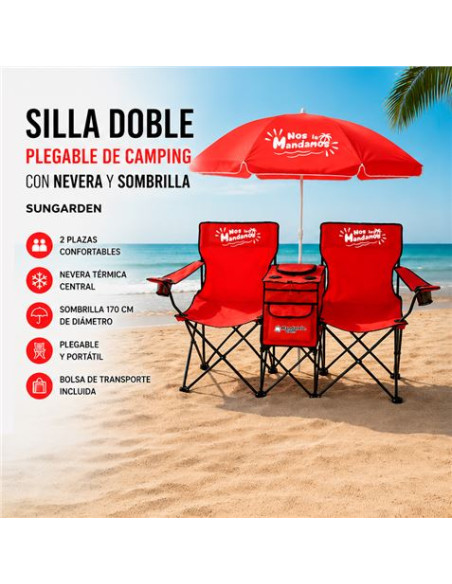 SILLA DOBLE PLEGABLE DE CAMPING CON NEVERA Y SOMBRILLA SUNGARDEN