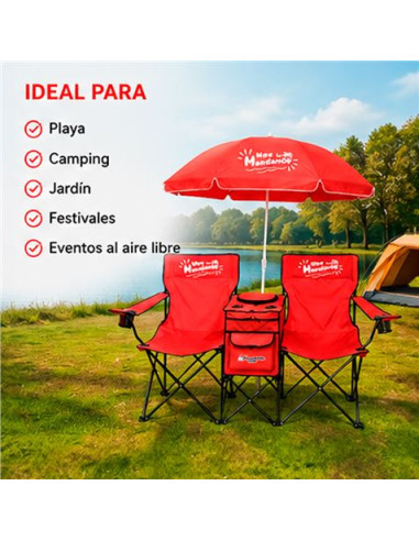 SILLA DOBLE PLEGABLE DE CAMPING CON NEVERA Y SOMBRILLA SUNGARDEN