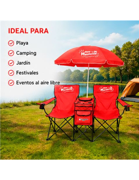 SILLA DOBLE PLEGABLE DE CAMPING CON NEVERA Y SOMBRILLA SUNGARDEN