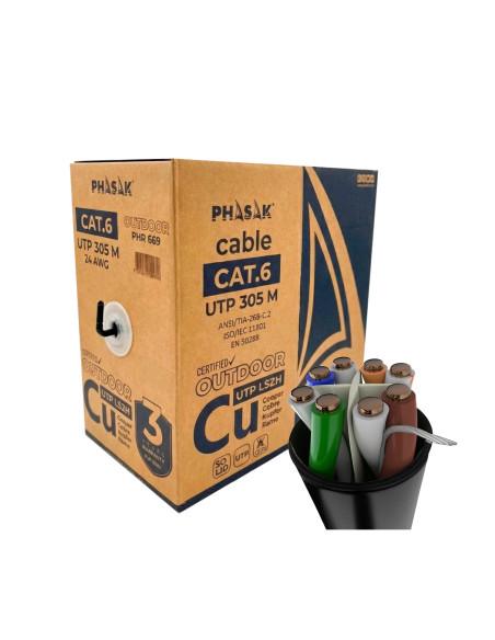 Phasak Bobina de cable de red exterior S-FTP Cat.6A cobre 100% sólido LSZH 305 m gris – PHR 669 |