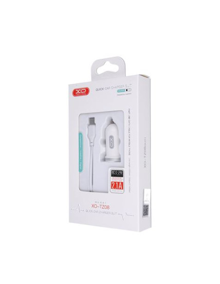 PACK CARGADOR MECHERO TZ08 2.1A + CABLE TIPO LIGHTNING BLANCO XO