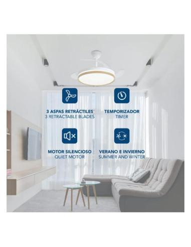 VENTILADOR DE TECHO 30W LED ASPAS RETRACTILES MADERA