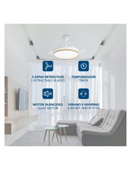VENTILADOR DE TECHO 30W LED ASPAS RETRACTILES MADERA