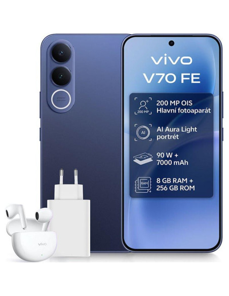 VIVO V70 FE 5G 8GB RAM 256GB ROM AZUL SMARTPHONE INCLUYE CARGADOR Y AURICULARES VIVO BUDS AIR 3