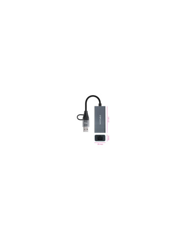 Nanocable Conversor USB-C+USB-A/M 3.0 a Ethernet, Aluminio, Gris, 15