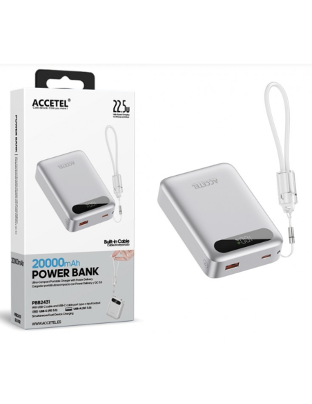 Batería Externa de Carga Rápida 20000mAh 22.5W PD+QC3.0 Con Pantalla Digital Y Cable Incorporado USB-C Plata
