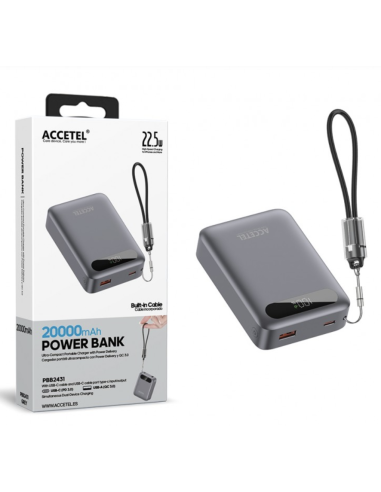 Batería Externa de Carga Rápida 20000mAh 22.5W PD+QC3.0 Con Pantalla Digital Y Cable Incorporado USB-C Gris Ocuro