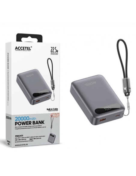 Batería Externa de Carga Rápida 20000mAh 22.5W PD+QC3.0 Con Pantalla Digital Y Cable Incorporado USB-C Gris Ocuro
