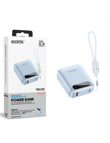 Batería Externa de Carga Rápida 10000mAh 22.5W PD+QC3.0 Con Pantalla Digital Y Cable Incorporado USB-C Azul
