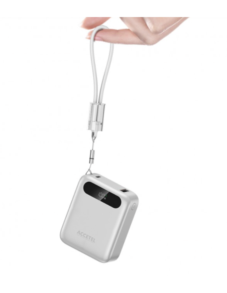 Batería Externa de Carga Rápida 10000mAh 22.5W PD+QC3.0 Con Pantalla Digital Y Cable Incorporado USB-C Plata