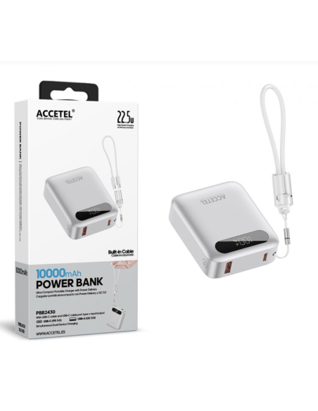 Batería Externa de Carga Rápida 10000mAh 22.5W PD+QC3.0 Con Pantalla Digital Y Cable Incorporado USB-C Plata