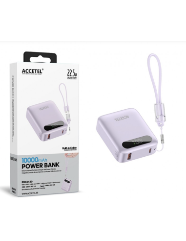 Batería Externa de Carga Rápida 10000mAh 22.5W PD+QC3.0 Con Pantalla Digital Y Cable Incorporado USB-C Lila