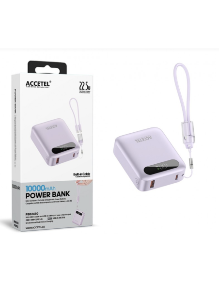 Batería Externa de Carga Rápida 10000mAh 22.5W PD+QC3.0 Con Pantalla Digital Y Cable Incorporado USB-C Lila