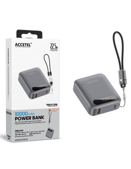 Batería Externa de Carga Rápida 10000mAh 22.5W PD+QC3.0 Con Pantalla Digital Y Cable Incorporado USB-C Negro