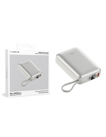 Powerbank Batería Externa 20000mAh 45W PD+QC3.0 con Display y Cable Incorporado USB-C Plata