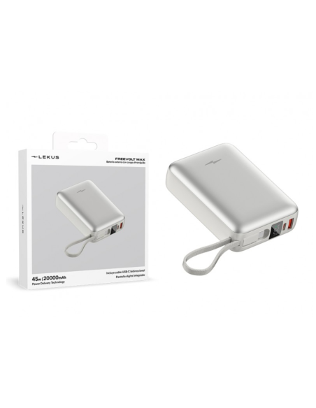 Powerbank Batería Externa 20000mAh 45W PD+QC3.0 con Display y Cable Incorporado USB-C Plata