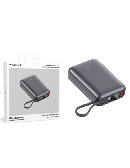 Powerbank Batería Externa 20000mAh 45W PD+QC3.0 con Display y Cable Incorporado USB-C Negro