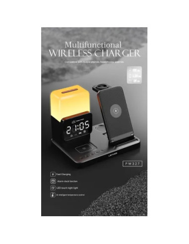 Estación de Carga Inalámbrica 4 en 1 - 15W Fast Charge - Reloj Despertador y Lámpara LED
