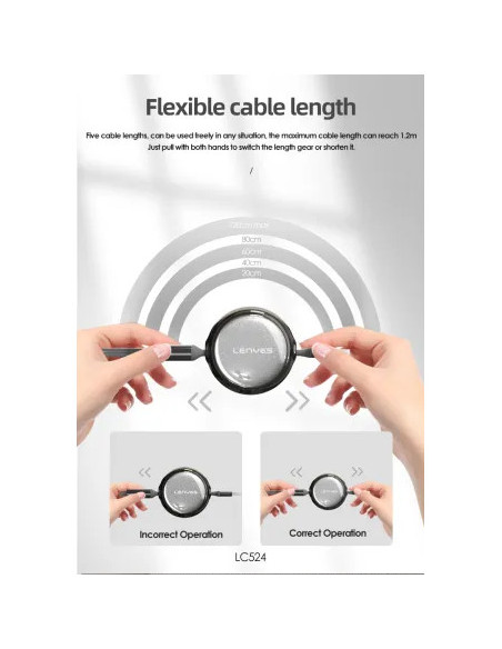 Cable Retráctil 3-en-1 USB-C 60W y Lightning 27W