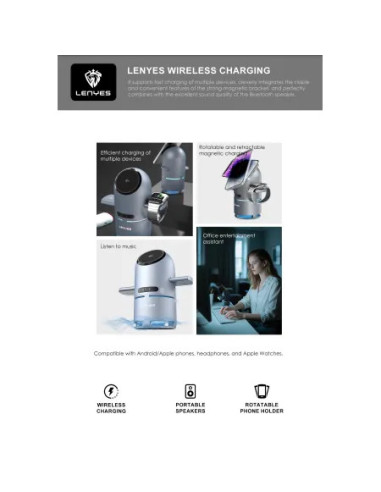 Estación de Carga Robótica Lenyes QI2 15W MagSafe Altavoz Bluetooth y Motores Automáticos