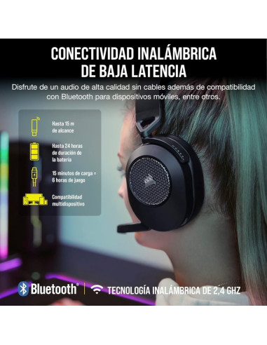 AURICULARES + MICROFONO CORSAIR HS65 WIRELESS GAMING HEADSET RGB 7.1 BLACK