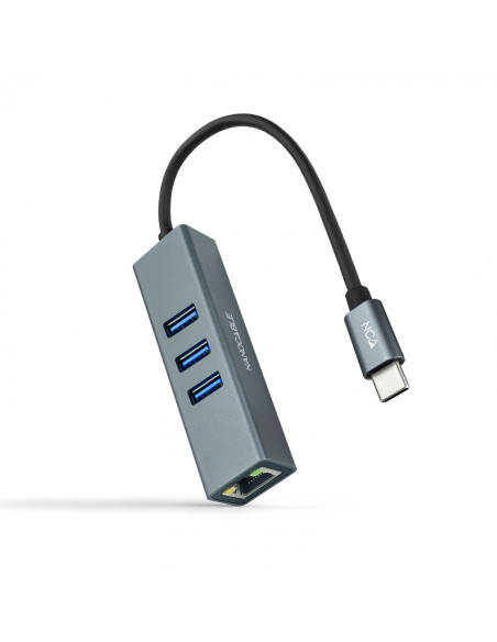 Nanocable Conversor USB-C a Ethernet Gigabit + 3XUSB 3.0, Aluminio,