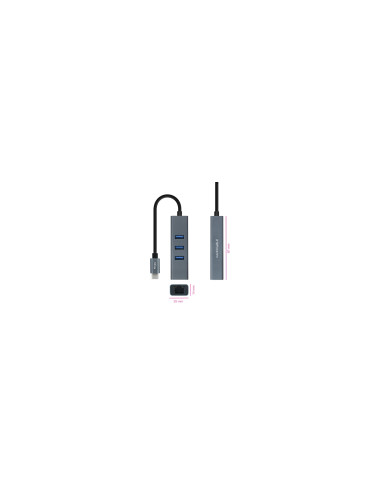 Nanocable Conversor USB-C a Ethernet Gigabit + 3XUSB 3.0, Aluminio,