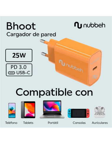 Cargador de Pared Nubbeh Bhoot USB-C Power Delivery 3.0 25W Naranja