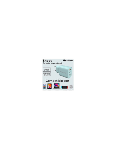 Cargador de Pared Nubbeh Bhoot 30W Dual USB-A y USB-C Verde