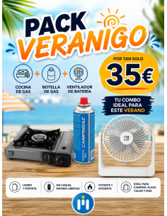 PACK VERANIEGO COCINA DE GAS + BOTELLA DE GAS + VENTILADOR DE BATERÍA