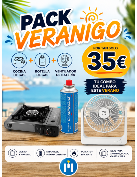 PACK VERANIEGO COCINA DE GAS + BOTELLA DE GAS + VENTILADOR DE BATERÍA