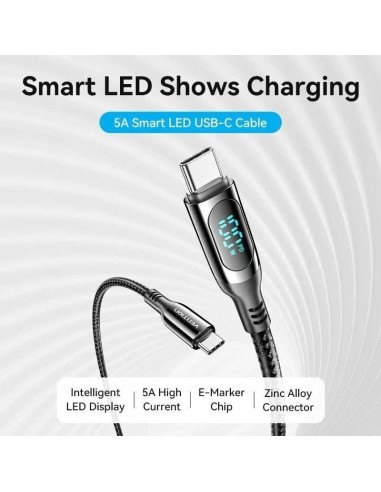 CABLE USB VENTION TIPO USB-C/M-C/M PANTALLA LED 5A PD100W 1.2M BLACK